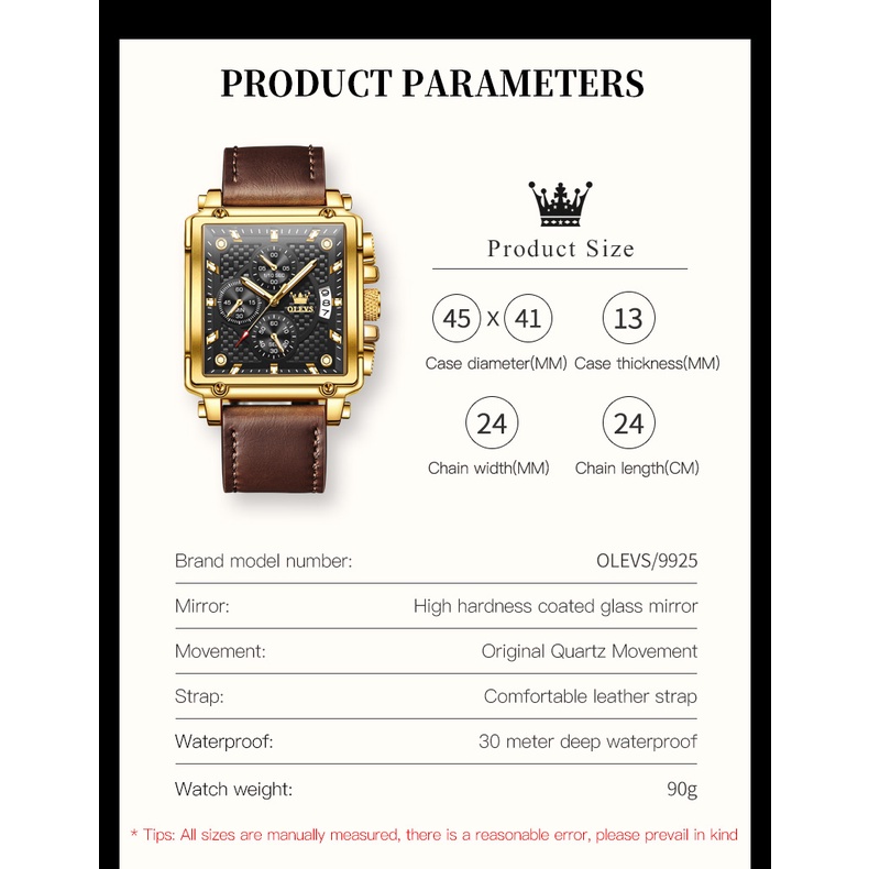 Đồng Hồ Đeo Tay OLEVS Mặt Vuông Chống Thấm Nước Đa Năng Dành Cho Nam Reloj Hombre 9925