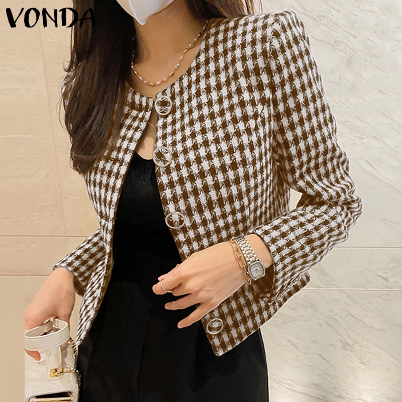 Áo khoác blazer VONDA tay dài phồng cổ tròn in caro phối hàng nút phong cách Hàn Quốc thời trang cho bạn gái