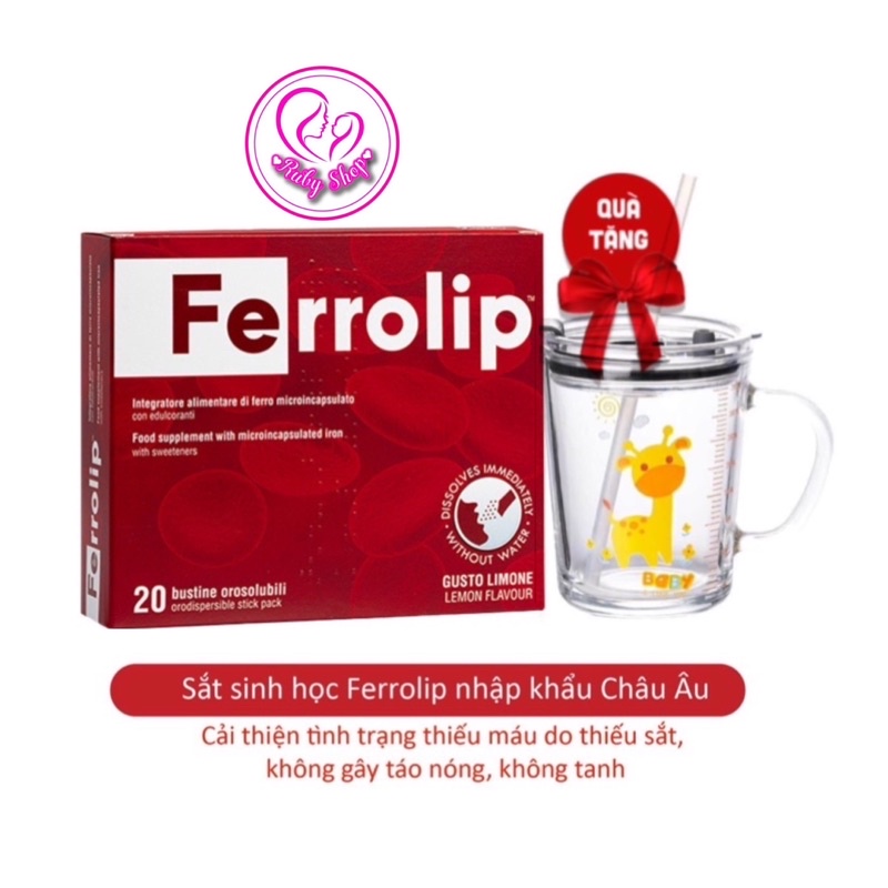 Sắt sinh học Ferrolip hộp 20 gói bổ sung sắt cho mẹ bầu,mẹ sau sinh và cho con bú, dễ uống, dễ hấp thụ + quà