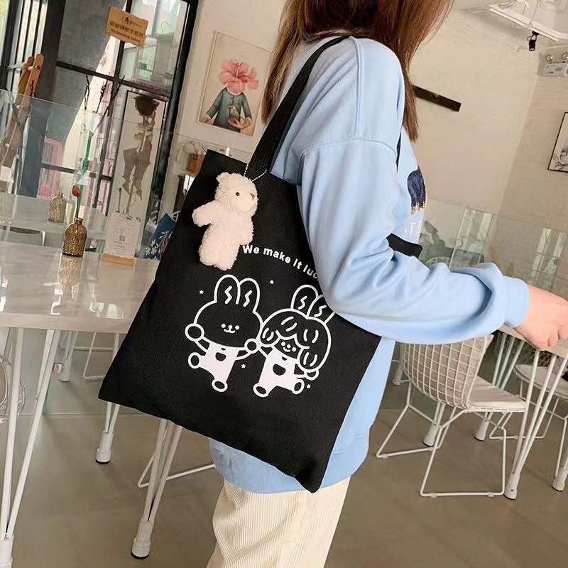 Túi Tote Vải Canvas Thỏ Cute Style Ulzzang Đi Học Đi Chơi Xinh Xắn Có Khóa Kéo MTT0295