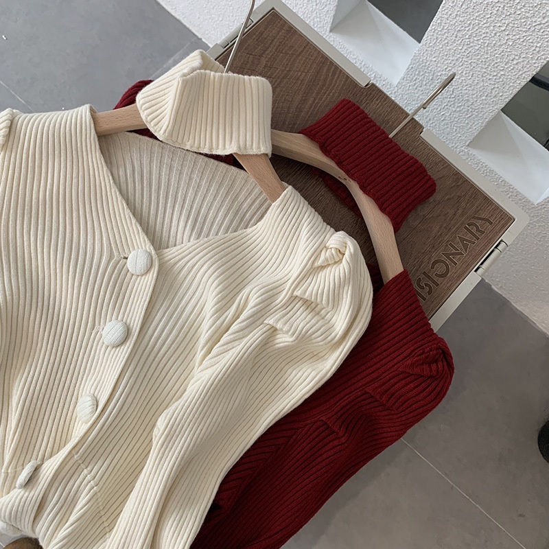 Áo cardigan len tăm nữ Thiết kế Cổ V Thu Đông Hàn Quốc Áo len đan nữ kiểu dáng Cardigan Cổ tim Ulzzang Thời trang