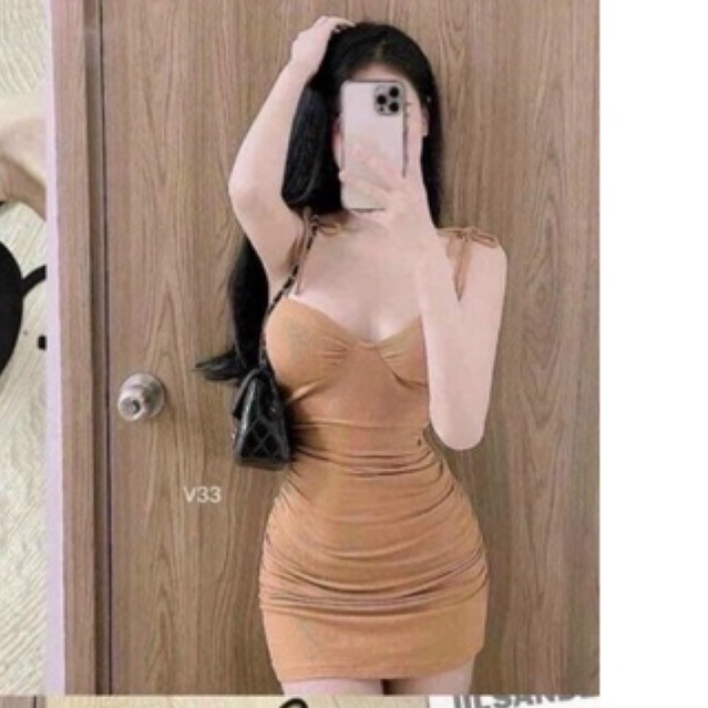 Có mút ngực Đầm Body nhún Ngắn Cúp Ngực Hai Dây Thắt Nơ Vai Sexy Nữ Tính