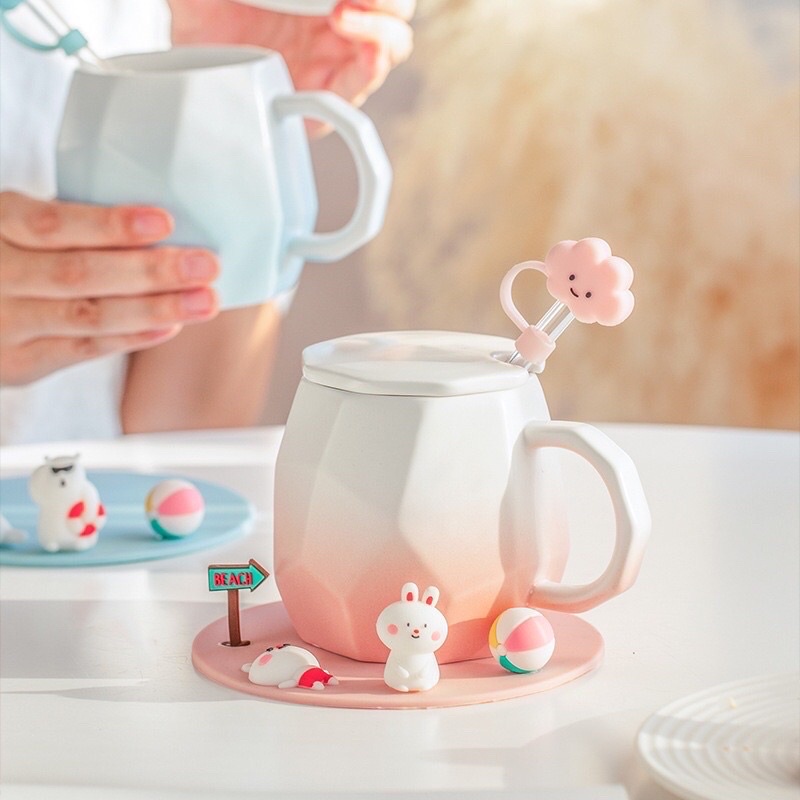 Ly cốc sứ hình đám mây dễ thương có nắp kèm ống hút thủy tinh 420ml