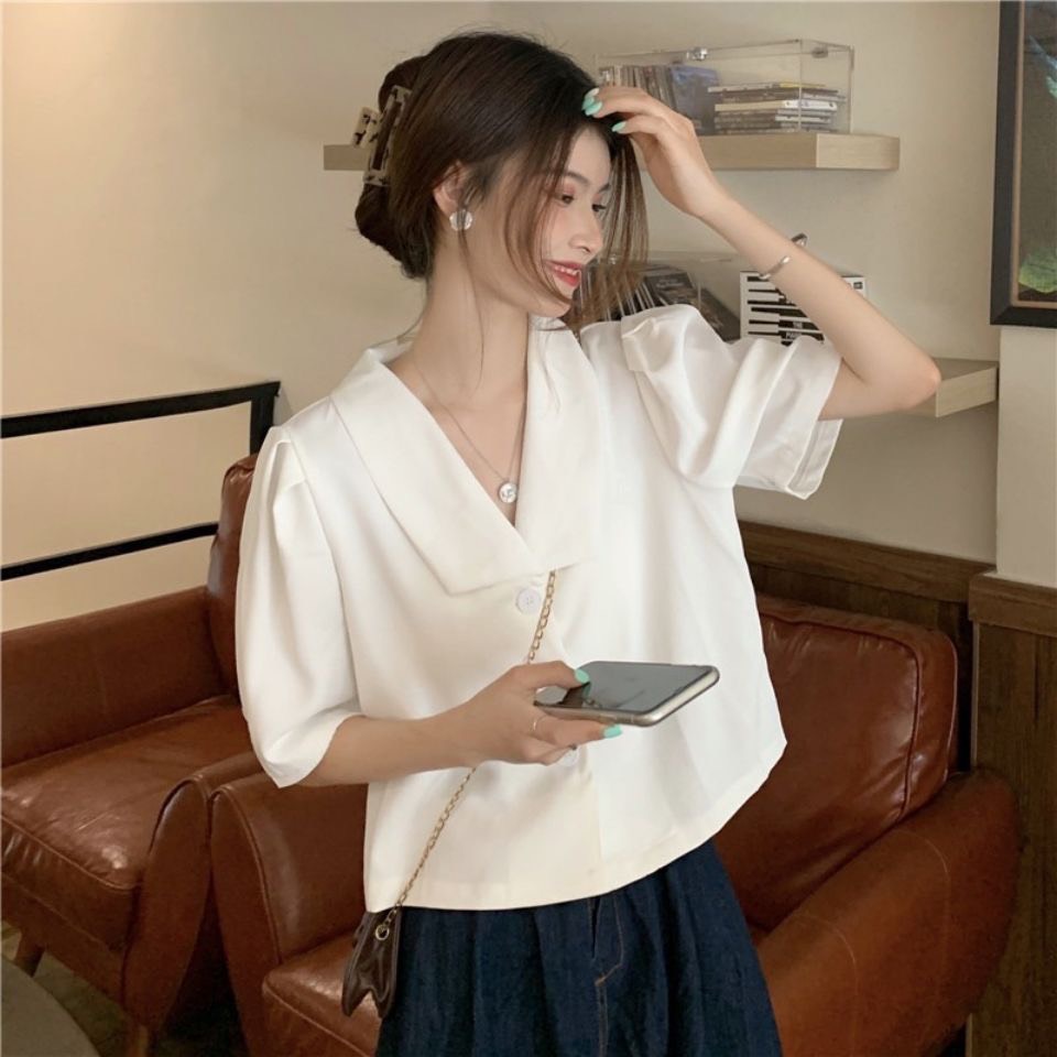 Áo sơ mi form rộng vintage cổ V basic cực xinh