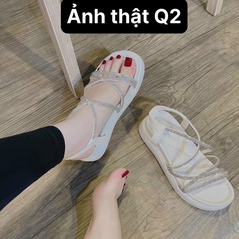 Xăng Đan nữ đính đá quai chéo mảnh đế bánh mì phong cách trẻ trung thời trang