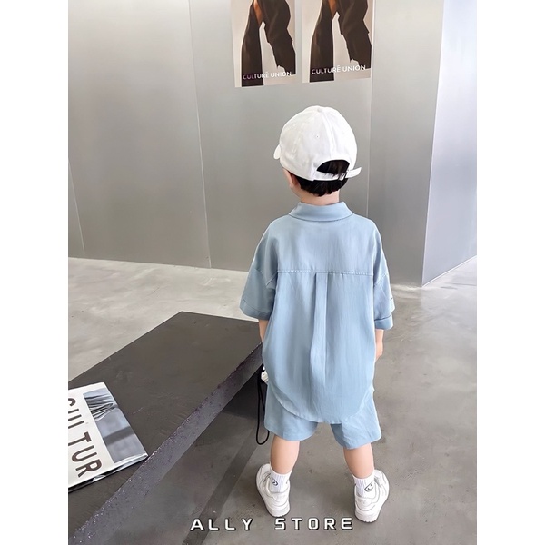 Bộ sơmi đũi xanh bé trai K410