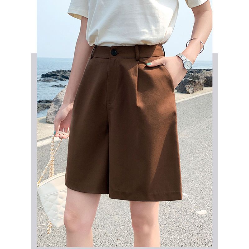 Quần ngắn ống rộng Lưng Cao Màu Nâu plus size Thời Trang Mùa Hè Cho Nữ