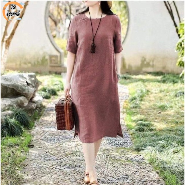 Đầm Midi Cotton Lanh Ngắn Tay Cổ Tròn Dáng Rộng Màu Trơn Thời Trang Trung Hoa Cho Nữ