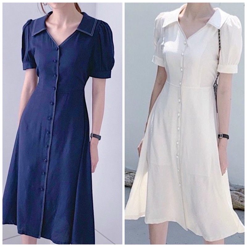 Đầm váy freesize cổ sơ mi viền chỉ 2 màu