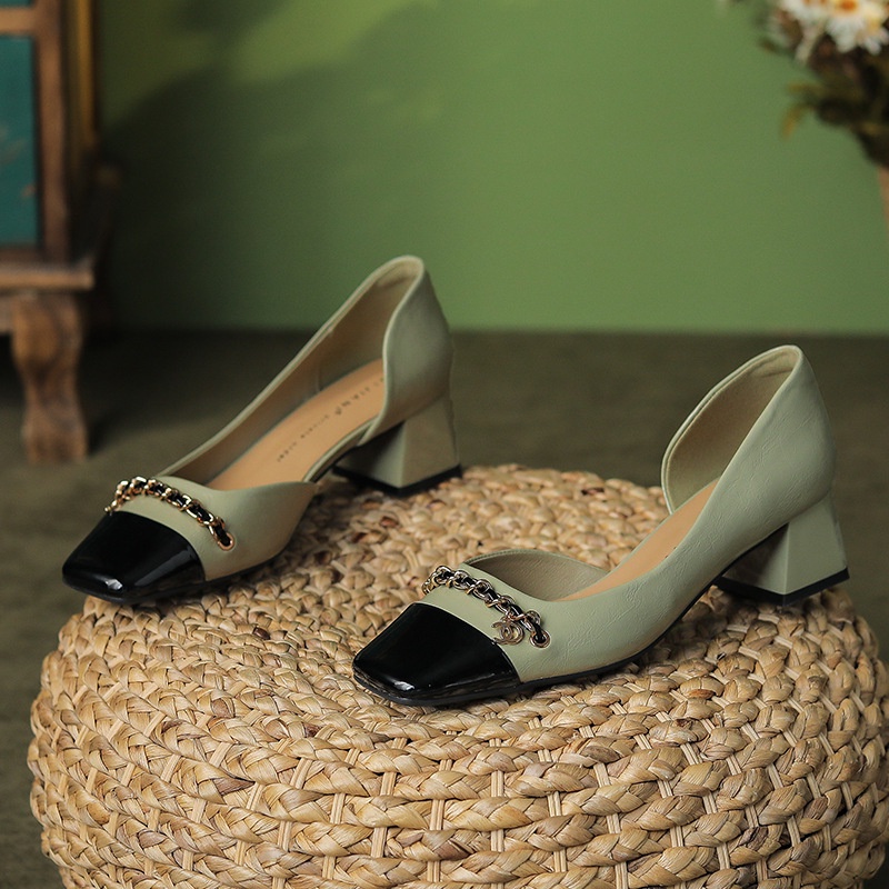 BEIJIANI Giày Cao Gót 4.5cm Mũi Vuông Miệng Nông Đính Dây Xích Màu Sắc Xinh Xắn Cho Nữ