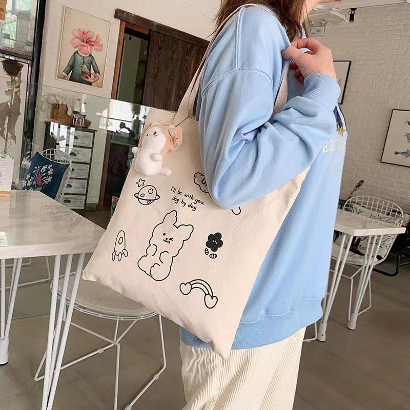 Túi Tote Vải Canvas Thỏ Cute Style Ulzzang Đi Học Đi Chơi Xinh Xắn Có Khóa Kéo MTT0295