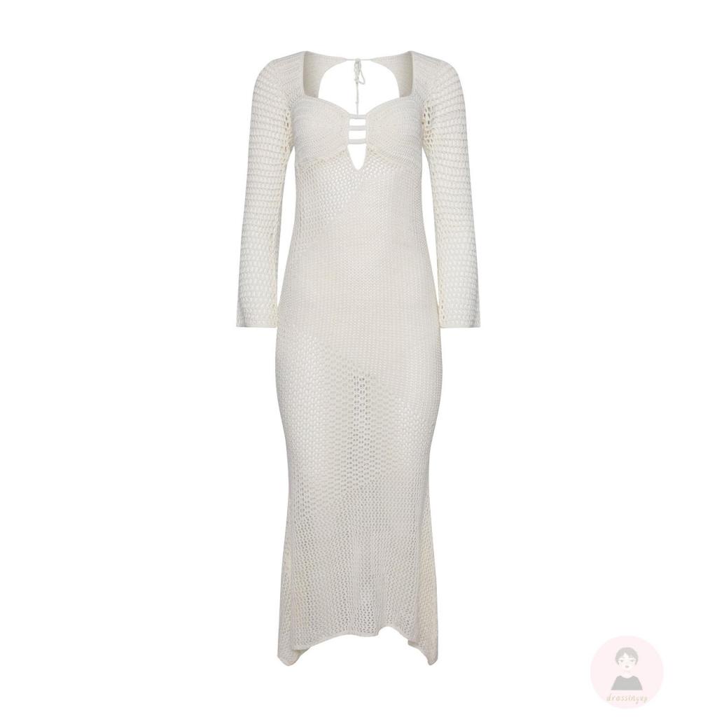 Đầm Midi Dệt Kim Tay Dài Hở Lưng Màu Sắc Đơn Giản Cho Nữ