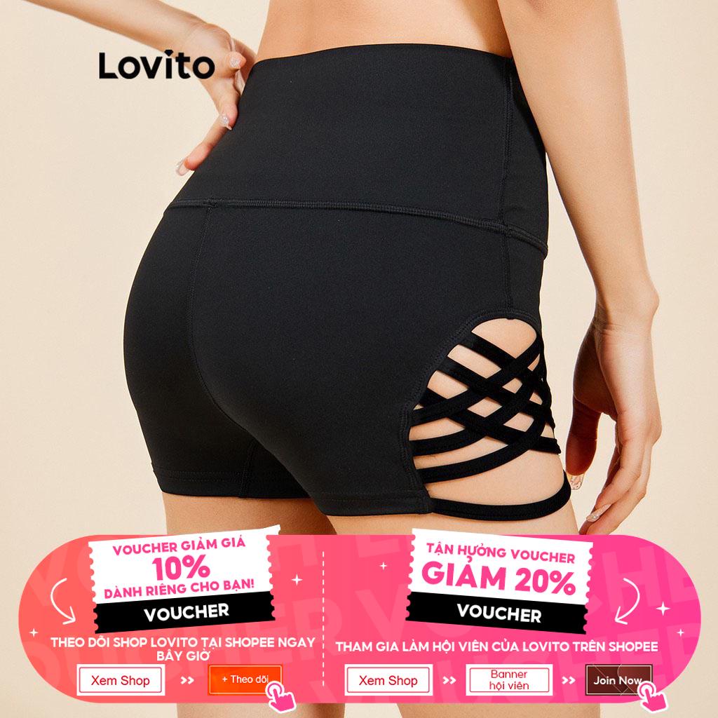 Quần ngắn thể thao Lovito lưng cao màu trơn phối chữ thập L15X228 (Màu đen)