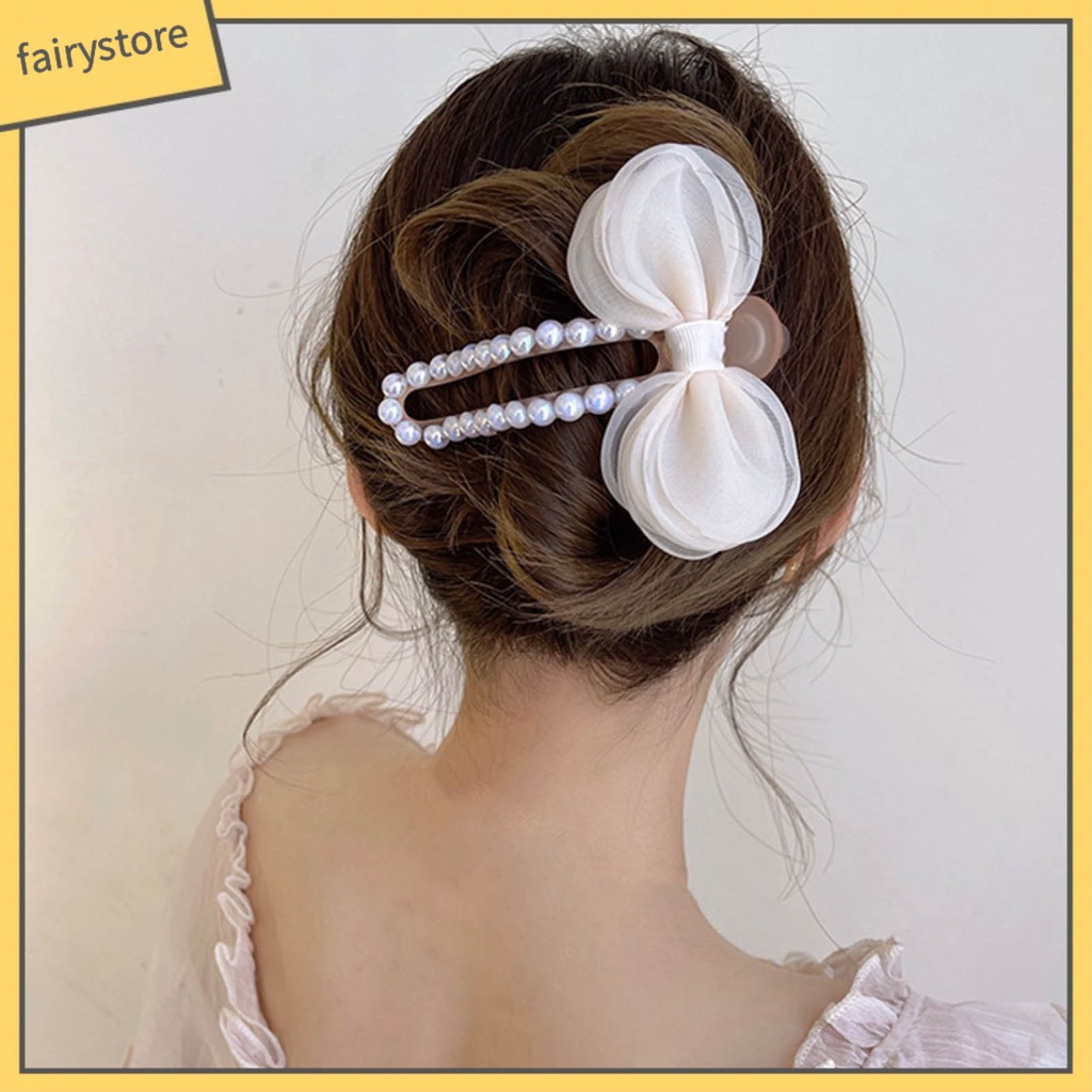 [Fairy1] Kẹp Tóc Càng Cua Đính Ngọc Trai Giả Thắt Nơ Rỗng Bằng Sợi Acrylic Chắc Chắn Cho Nữ