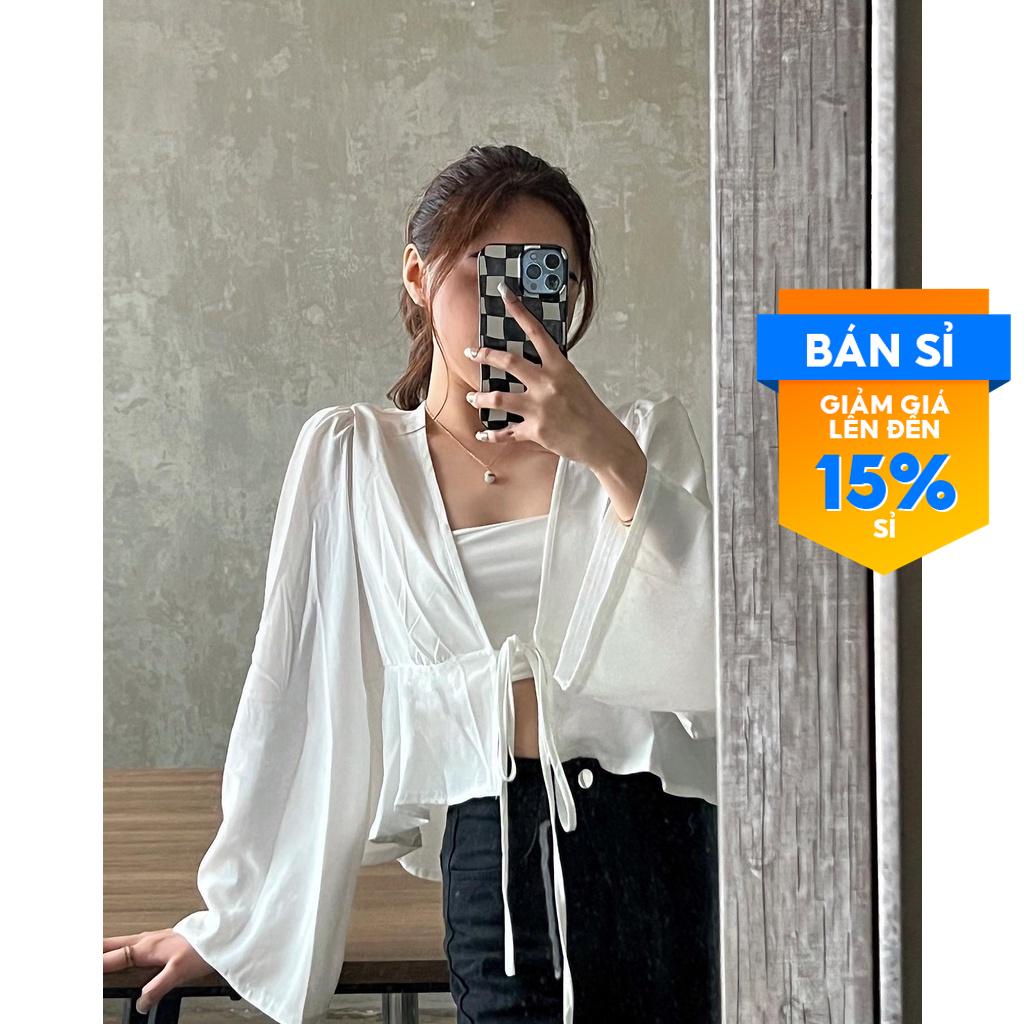 (Vật phẩm thiết yếu) Cổ chữ V cổ điển dây rút màu trơn phía trước thiết kế xếp nếp