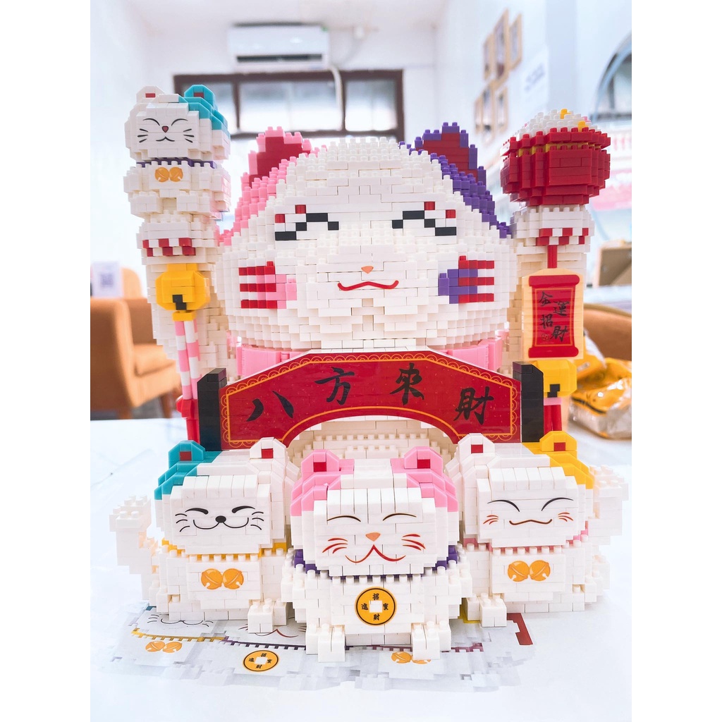 Lắp ráp mô hình le go mèo thần tài, HỔ CON múa Kỳ Lân, Kỳ Lân vui tết trung thu cho bé. decor bàn làm việc