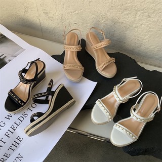 Sandal đế xuồng phối cói dây xích 10cm