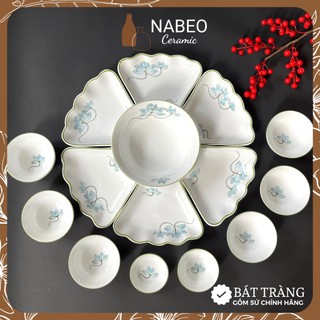 Bộ Bát Đĩa Cúng Gia Tiên Hoa Sen Xanh, Bộ Mặt Trời Thắp Hương, Gốm Sứ Bát Tràng