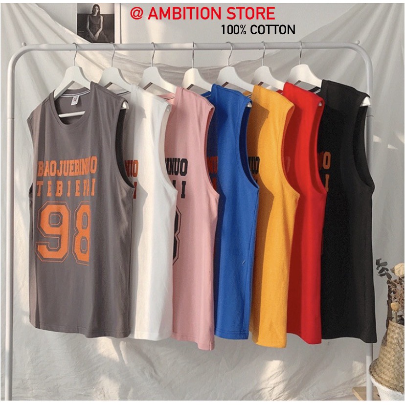 Áo Ba Lỗ Sát Nách Họa Tiết In Số 98 Phối Màu, Cotton Mịn Thoải Mái Hoạt Động Thể Thao, Du Lịch