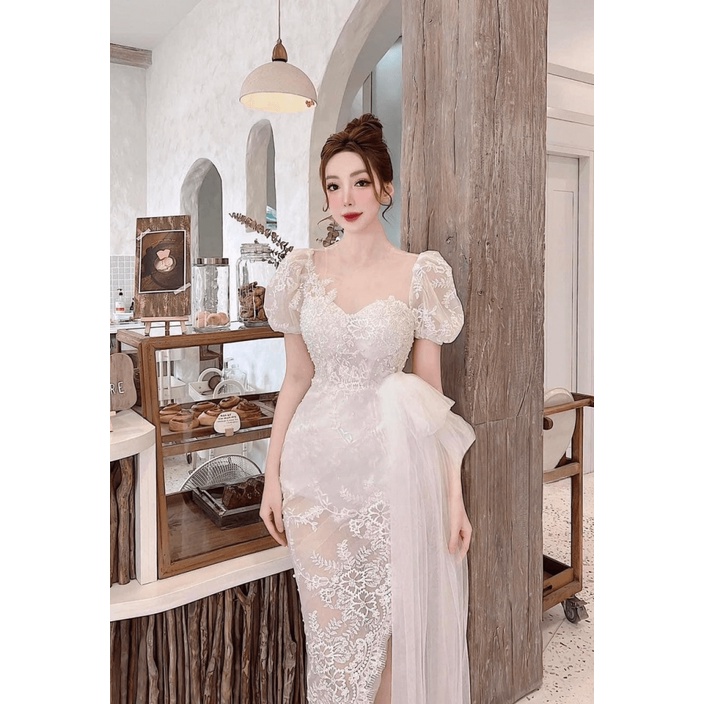 MUA NHANG LIỀN TAY - ĐẦM REN PHỐI LƯỚI ÁO TAY NGẮN CÚP NGỰC ÔM EO DÁNG DÀI CỰC XINH ĐẸP TRONG CHIẾC ĐẦM TRẮNG ĐI CHƠI DỰ