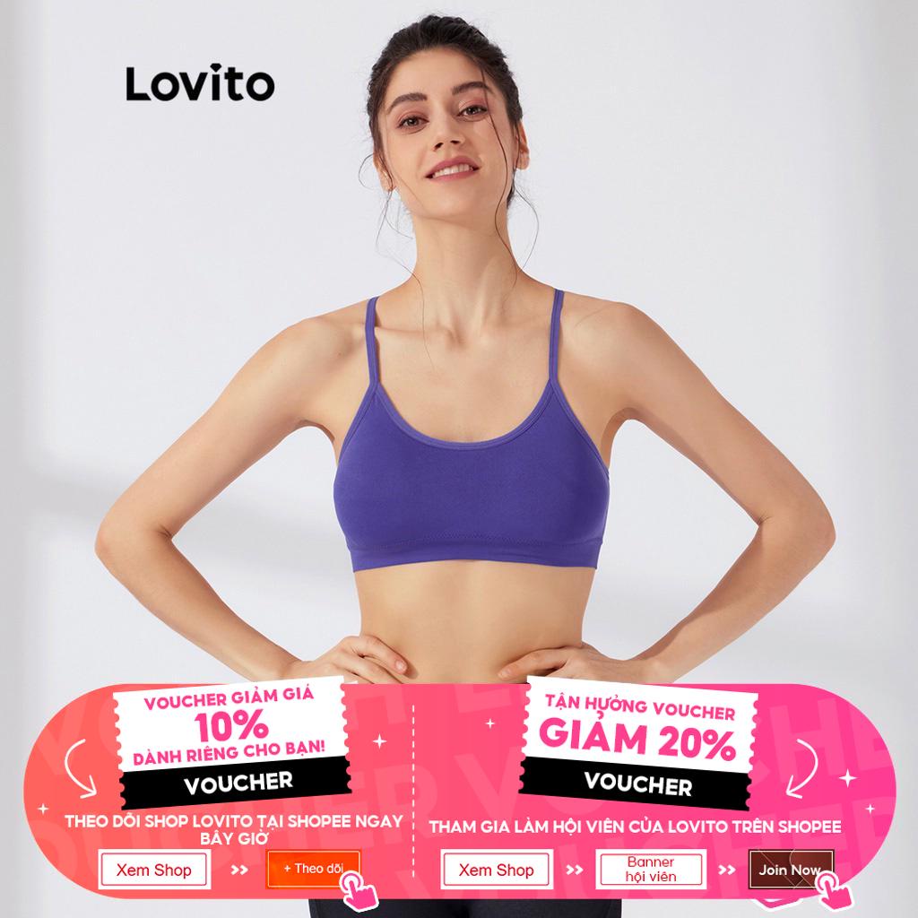 Áo ngực thể thao Lovito màu trơn dây đai chéo dạng ngắn có miếng lót tháo gỡ được L23AD005 (màu xanh lam)