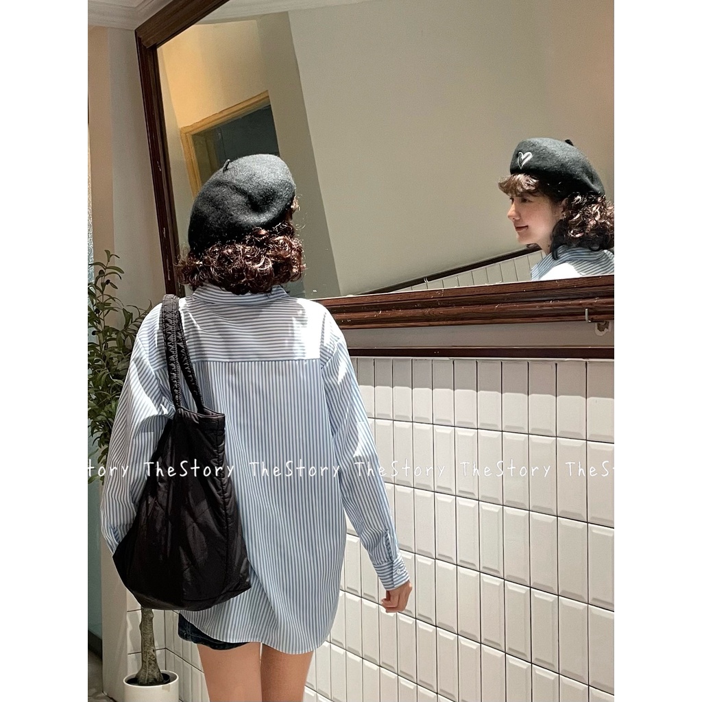 Áo sơ mi sọc xanh có thêu hình  A2813