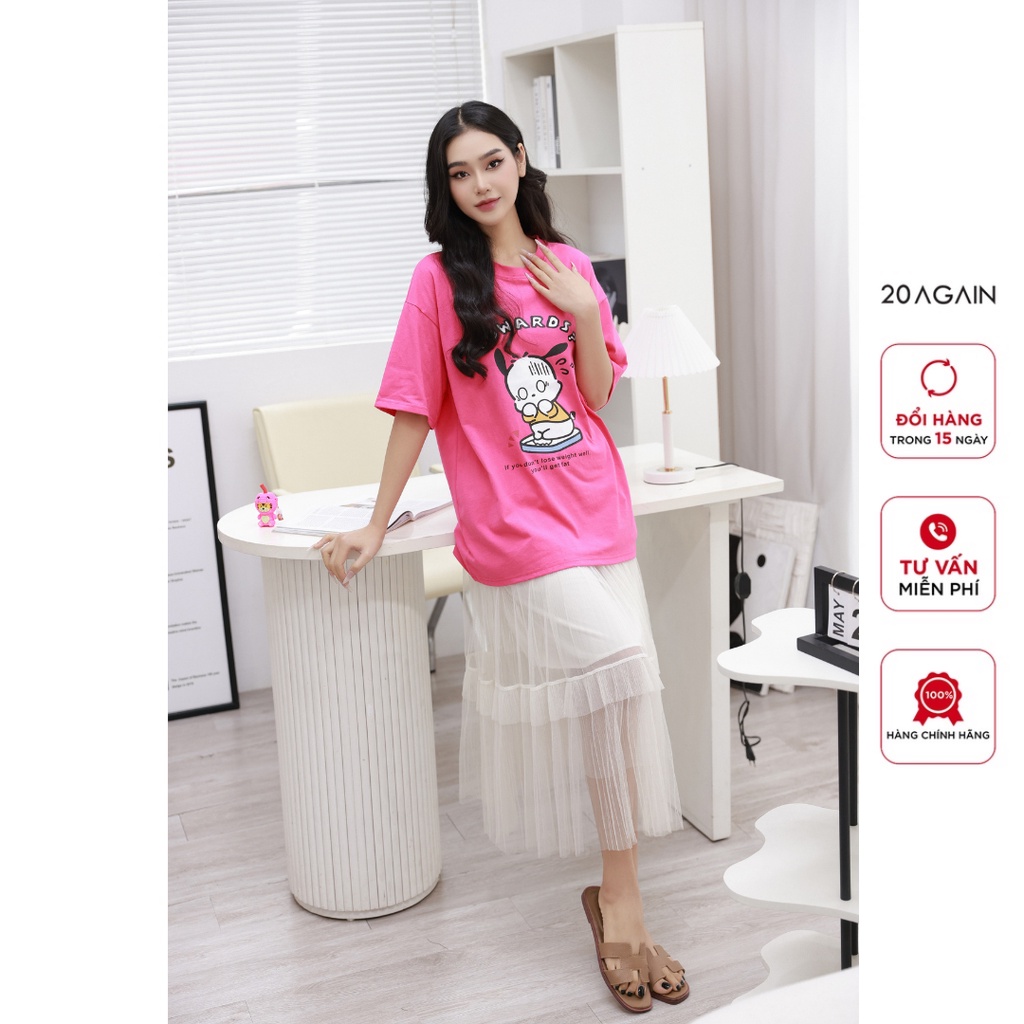 Áo thun unisex 20AGAIN, chất cotton khô, form suông họa tiết in mềm mịn, thoáng mát ATW2024