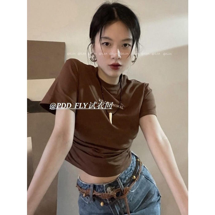 COZOK Áo Thun Tay Ngắn Dáng Ôm Xếp Ly Thời Trang vintage