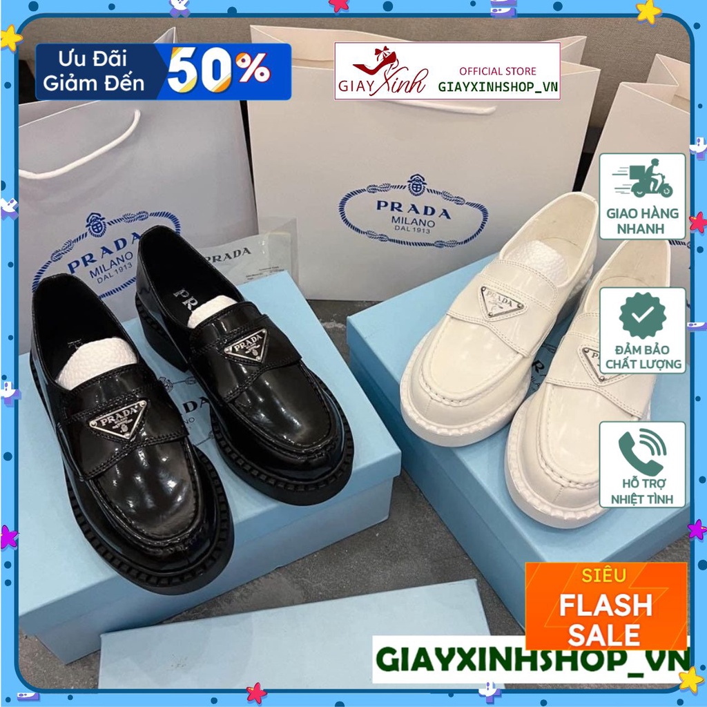 Giày Prada đế cao 5 phân, giày nữ da bóng đế cao mũi tròn đế cao 5cm tôn dáng [2 màu đen trắng]