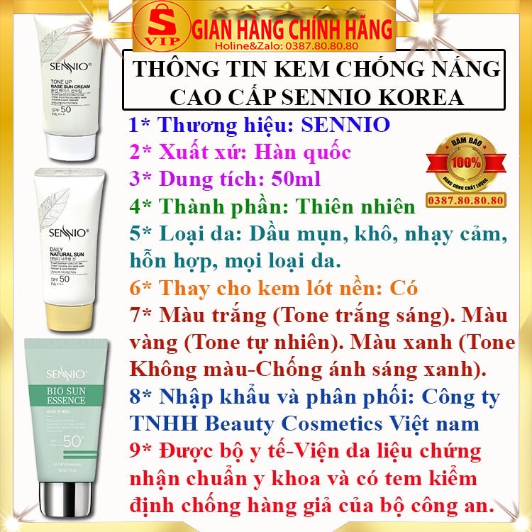 Kem chống nắng vật lý Sennio chính hãng hàn quốc tinh chất chống nắng chống ánh sáng xanh điện cho da dầu mụn nhạy cảm