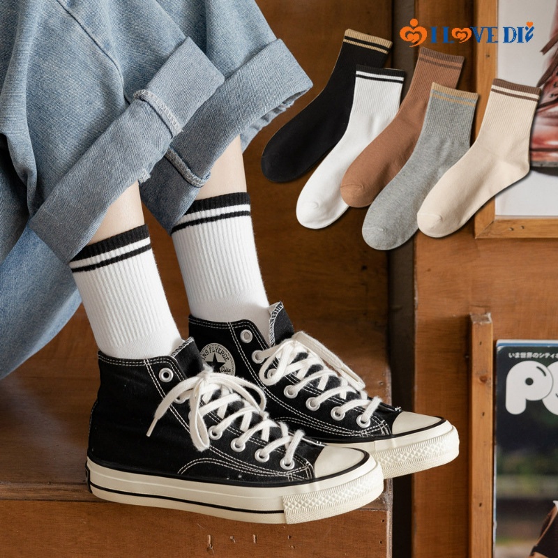 Set 5 Đôi Vớ Cotton Thoáng Khí Họa Tiết Kẻ Sọc Cổ Điển Dành Cho Các Cặp Đôi