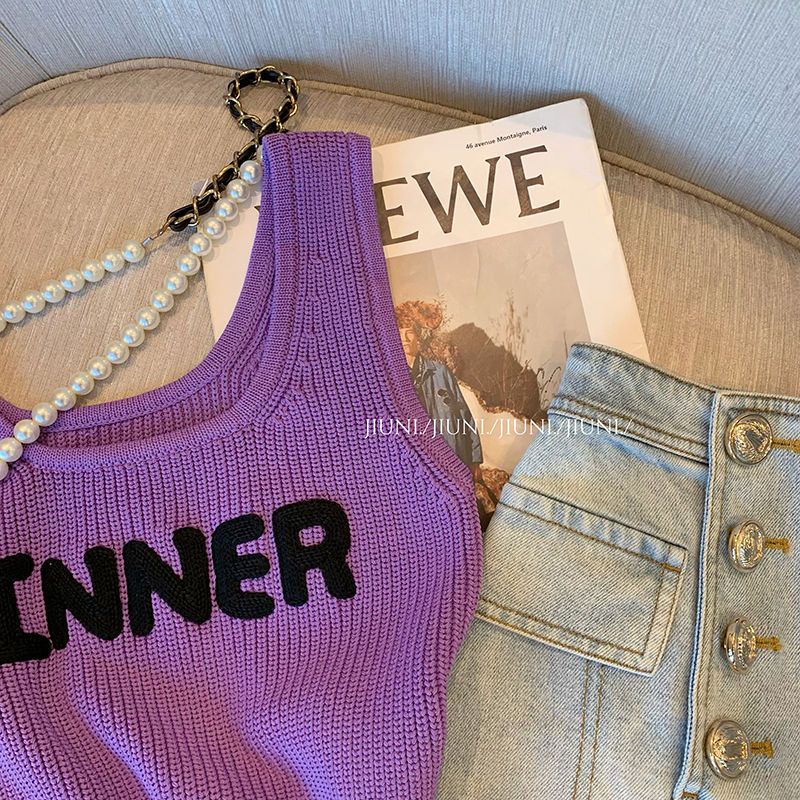 Áo Hai Dây Dệt Kim Ôm Dáng In Chữ Màu Tím Thời Trang Mùa Hè 2022 Mới Phong Cách Hàn Quốc Cho Nữ
