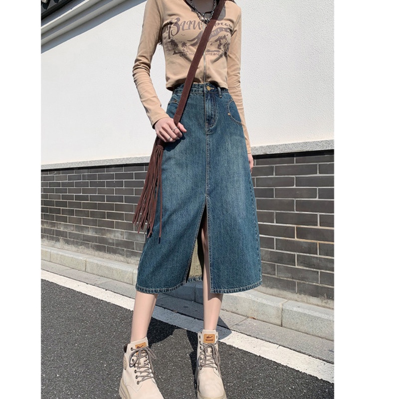 Chân Váy Denim Dài Xẻ Tà Phong Cách Hàn Quốc Dành Cho Nữ