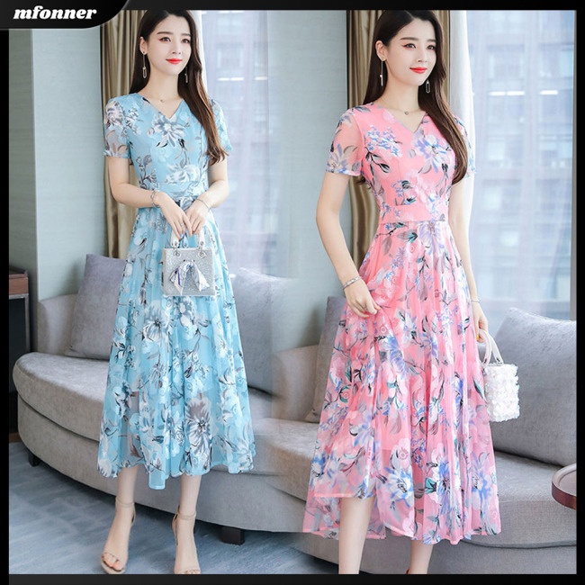 Đầm Dài Tay Ngắn Họa Tiết Hoa Thời Trang Mùa Hè Cho Nữ