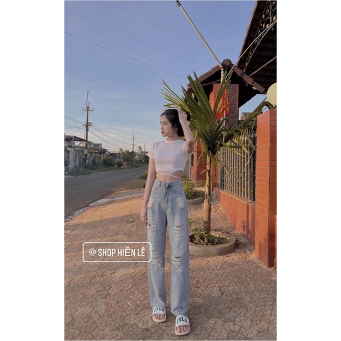 Set baggy jeans xanh rách nhiều + croptop đan dây bụng