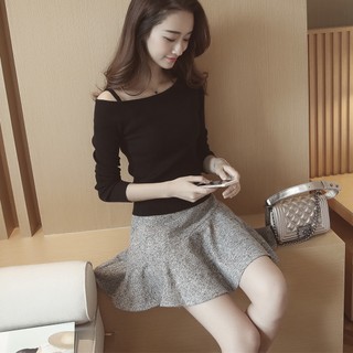  Áo len thời trang nữ trơn tay dài dáng ôm 1 dây lệch vai áo len tăm trễ vai thu đông 