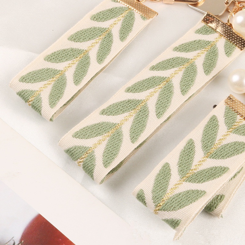 Móc Chìa Khóa Xe Hơi Bằng Hợp Kim Họa Tiết Kẻ Sọc Đính Ngọc Trai Và Ruy Băng Mới