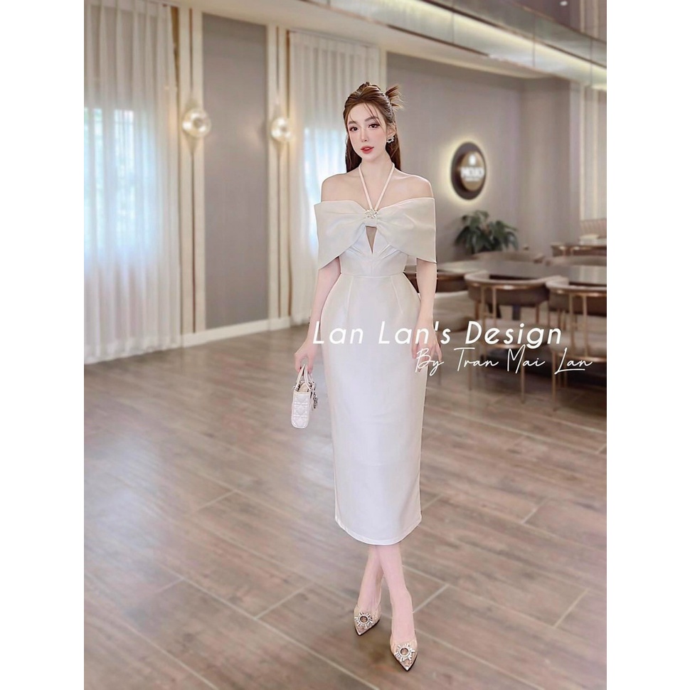 [3.3 Sales Freeship] Đầm nữ đi tiệc dáng dài, đầm thiết kế trễ vai nơ phối dây cổ khoét ngực chất tapda quyến rũ dx