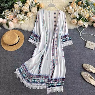 Áo khoác boho tua rua thổ cẩm dáng dài bohemian maxi đi chơi du lịch biển