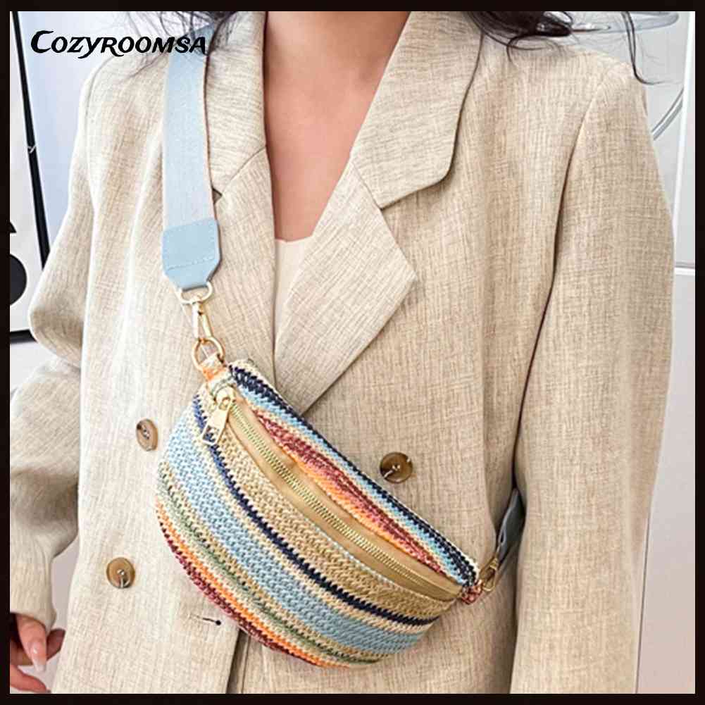 Túi cói Ngực / Thắt Lưng Bằng Rơm Dệt Sọc Cầu Vồng Mềm Mại Thời