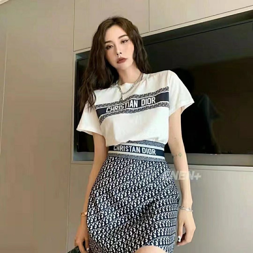 Bộ Áo Thun Cotton Ngắn Tay + Chân Váy Chữ A In Chữ Suya Phong Cách Đường Phố 2023 Cho Nữ