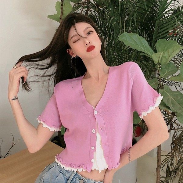 LENBACH Áo len hai mảnh giả crop top phiên bản Hàn Quốc áo khoác cardigan dáng ngắn BM top