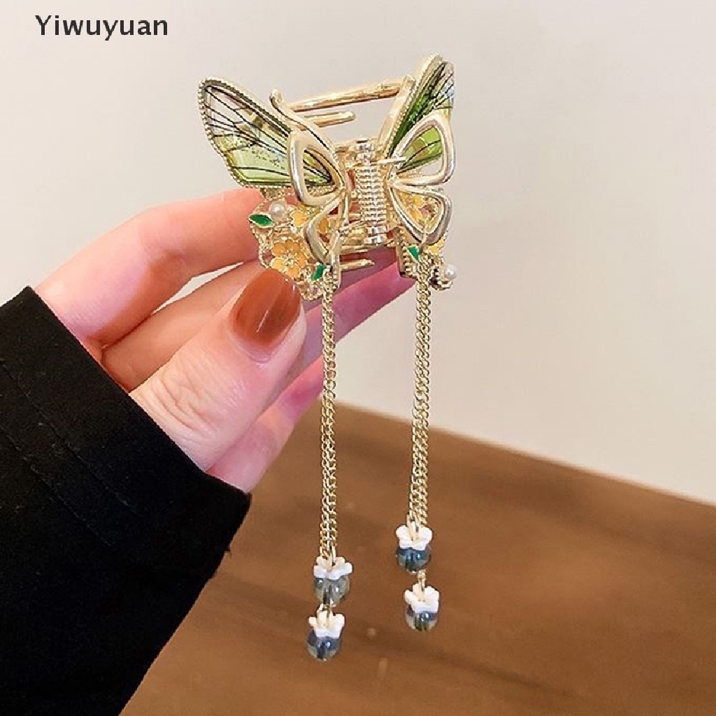 < Yiwuyuan > Kẹp Tóc Dài Tua Rua Hình Hoa Bướm Đính Ngọc Trai Thời Trang Cho Nữ