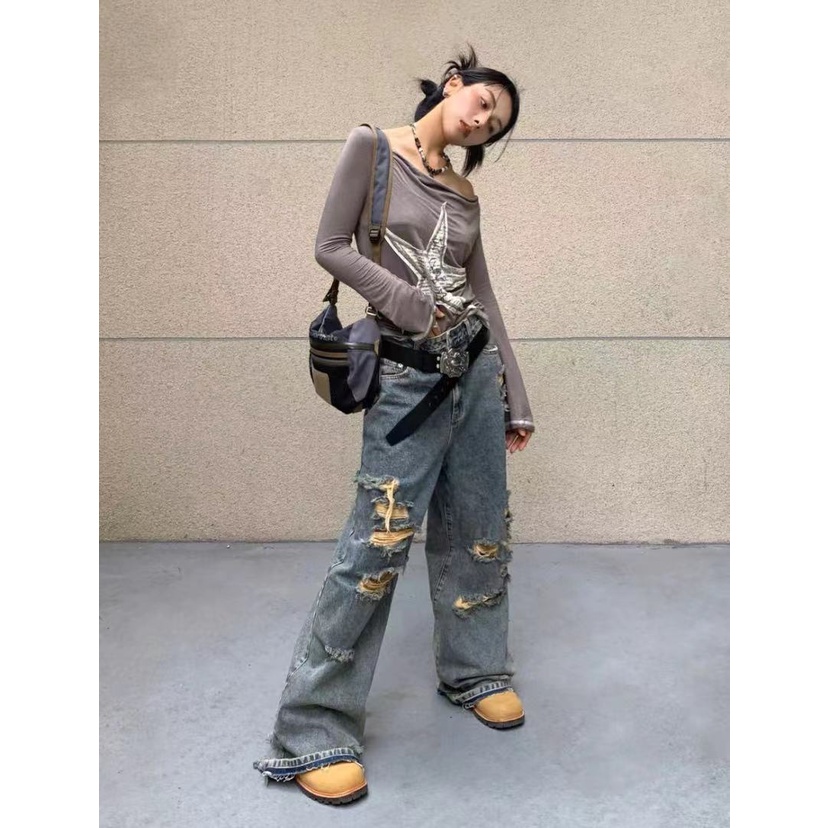 Quần Jeans Nữ Lưng Cao Ống Rộng Rách Gối Cá Tính