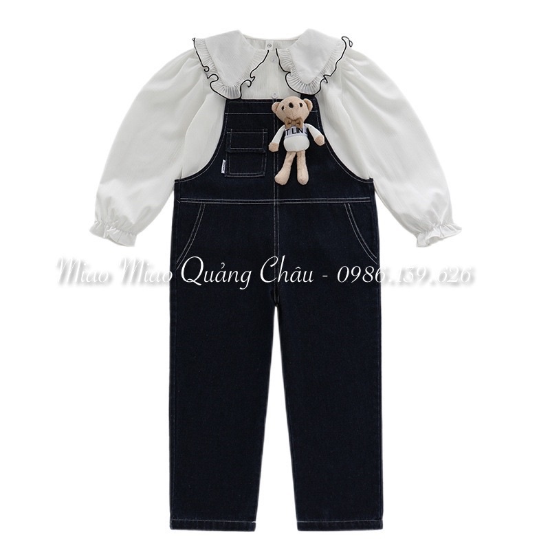 Set yếm bò + áo sơ mi bánh bèo cho bé gái size đại 5 đến 18 tuổi