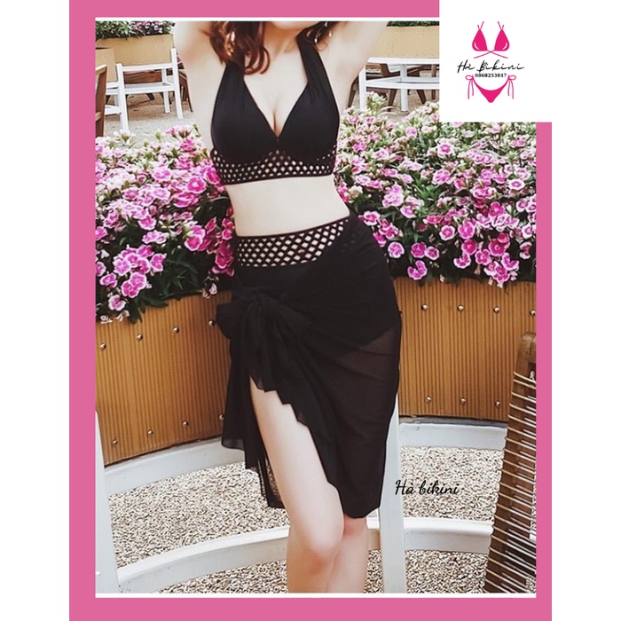 SET Bikini, Đồ Bơi ĐI Biển Hai Mảnh GỌNG Đen Phối Lưới Secxy HÀ_BIKINI M95