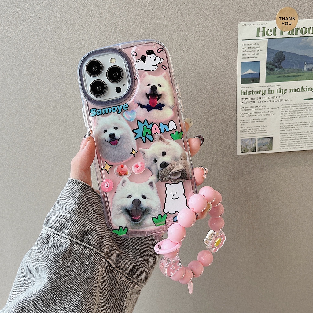 Ốp Điện Thoại Silicon Tpu Mềm Trong Suốt Có Vòng Tay &amp; Ngọc Trai In Hình Chó Dễ Thương Cho iPhone 14 13 12 11 Pro Max