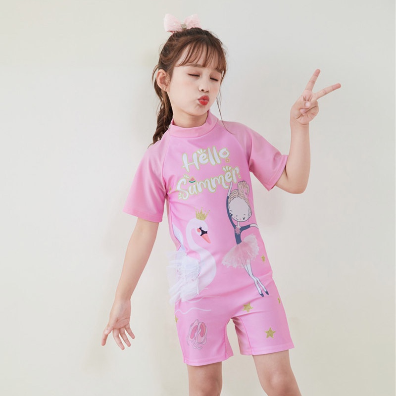 Bộ đồ bơi liền thân IQ ANGEL tay ngắn họa tiết hoạt hình dễ thương cho bé gái