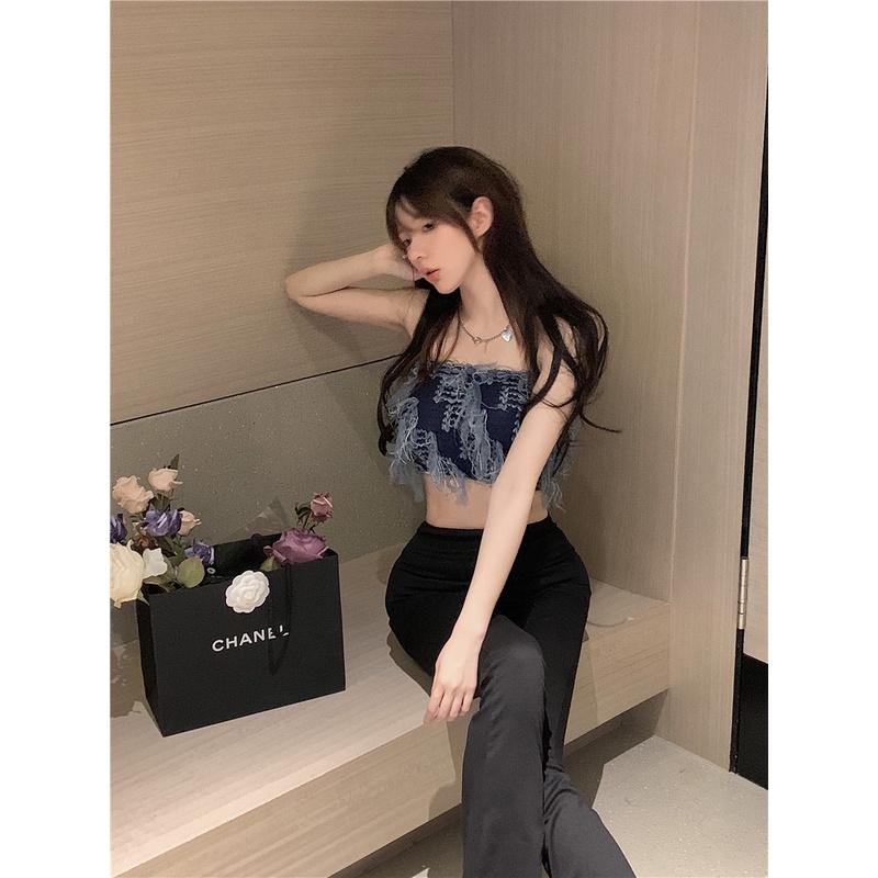 Áo lửng QKOOLE hở lưng ôm dáng phối tua rua thời trang mùa hè quyến rũ cho nữ