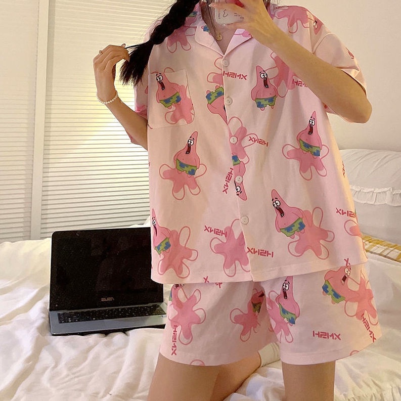 Bộ Đồ Ngủ Ngắn Tay Dáng Rộng In Họa Tiết Hoạt Hình Theo Phong Cách Mùa Hè Hàn Quốc Dành Cho Nữ